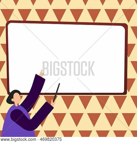 Woman Pointing With Pointer Stick To Important Information Written On Whiteboard. Large Conversation