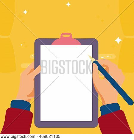 Illustration With Hands Holdings Paper And Pencil Writing Text. Brand Nes Infromation. Empty Space F