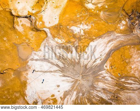 Aerial Top View Tourist Explore Mud Volcanoes In Chachuna Nature Reserve With Green Landscape Backgr