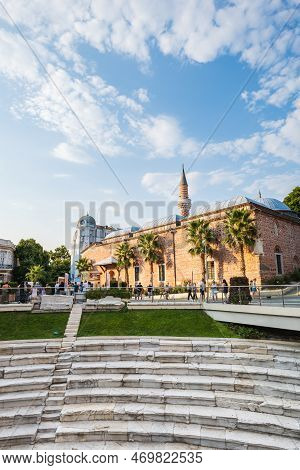 Plovdiv, Bulgaria, July 2022: Plovdiv City Center With Dzhumaya Mosque And The Ancient Stadium Of Ph
