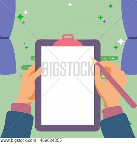 Illustration With Hands Holdings Paper And Pencil Writing Text. Brand Nes Infromation. Empty Space F