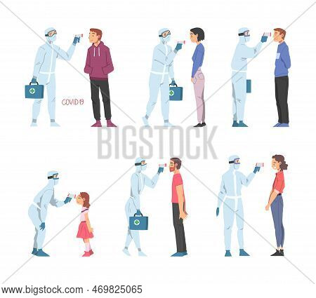 Doctors In Protective Suit Measuring Temperature Of People With Body Temperature Scanner Vector Set
