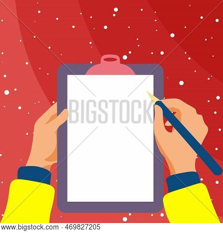 Illustration With Hands Holdings Paper And Pencil Writing Text. Brand Nes Infromation. Empty Space F