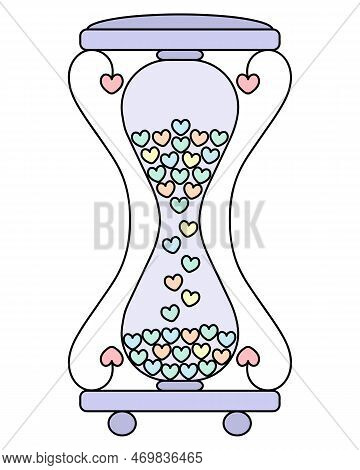Hourglass. Countdown. The Glass Flask Is Filled With Sand In The Form Of Hearts. Love Clock. Love Ti