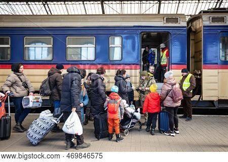 Ukrainian Refugees On Lviv Railway Station Waiting For Train To Escape To Europe