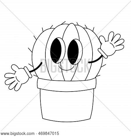 Cactus In Pot. Illustration Character In Groovy Cartoon Style. Black And White