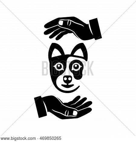 Animal Protection. Hands Protect The Dog. Animal Safety Symbol. Can Be Used As A Sign Or Logo. Vecto