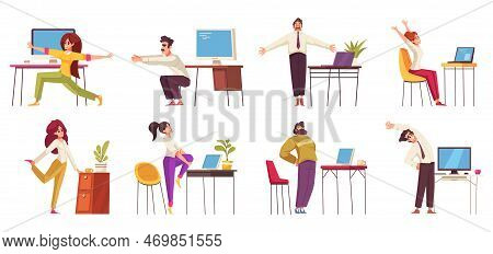Workplace Stretches Cartoo Icons Set With People Having Exercises In Office Isolated Vector Illustra
