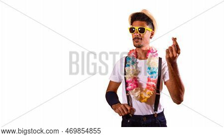 Carnival Brazilian Outfit. Black Man With Carnival Costume Having Fun