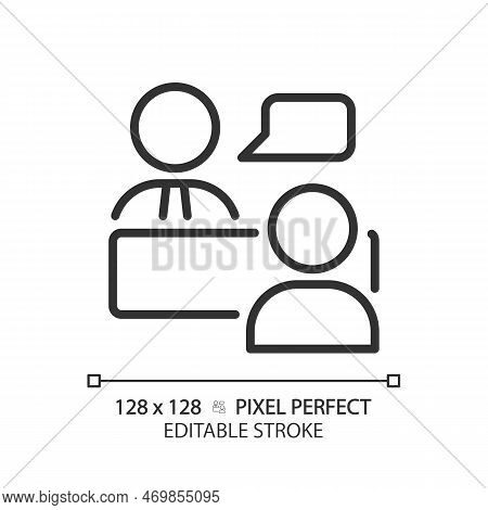Job Interview Pixel Perfect Linear Icon. Work Conversation. Questioning Candidate. Hiring Process. H
