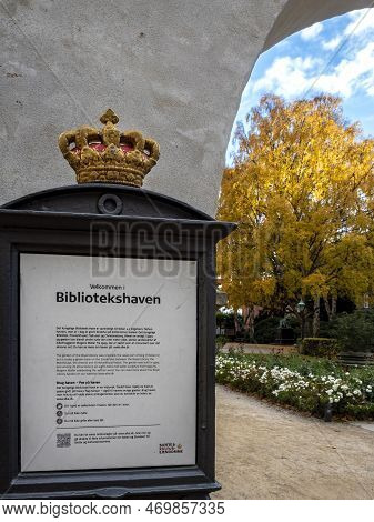 Copenhagen, Denmark - Oct 19, 2018: Ornate Entrance Information Plaque To The Royal Library (bibliot