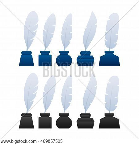 Quill And Ink Icon. Duck Feather Pen. Vector Stock Illustration.