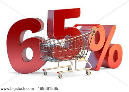 Shopping Cart With 65 Percent Discount Sign. 3d Illustration. Isolated