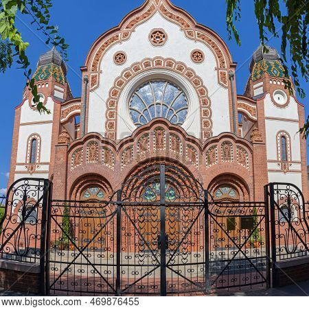 Subotica, Serbia - August 01, 2022: Synagogue Temple Hungarian Secession Style Art Nouveau Building 