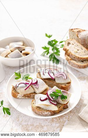 Herring Sandwich. Open Sandwiches With Whole Grain Bread, Herring And Onion