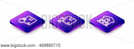 Set Isometric Line Carton Cardboard Box, Package With Fragile Content And Full Warehouse Icon. Vecto