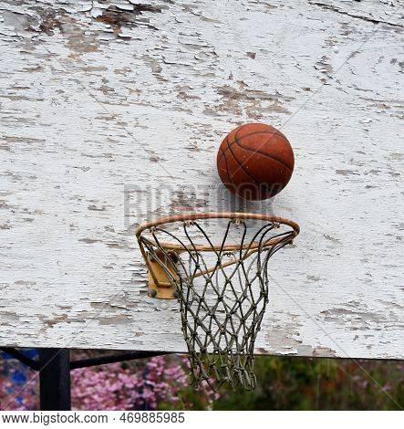 Backyard, Basketball Backboard Is Peeling With Age.  It Is White And Faded.  Metal Goal Is Faded And