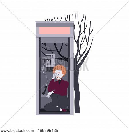 Loneliness With Lonely Man Character Sitting In Phonebooth Feeling Depression And Sadness Vector Ill