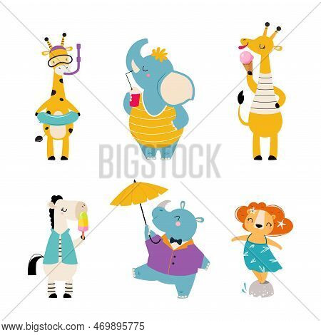 Cute African Animal Enjoying Hot Summer Activity Vector Set
