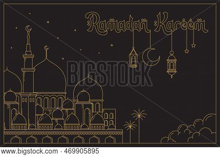 Ramadan Kareem, Vector Celebration Of Holy Month Of Ramadan Line Art Style With Hanging Lantern For 