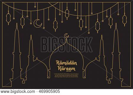 Ramadan Kareem, Vector Celebration Of Holy Month Of Ramadan Line Art Style With Hanging Lantern For 