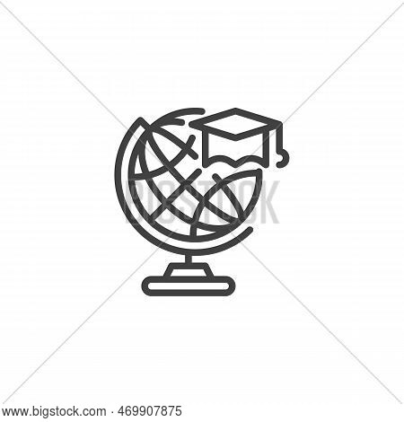 Global Education Line Icon. Globe And Graduation Cap Linear Style Sign For Mobile Concept And Web De