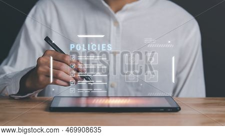 Businessman Checking The Steps Through A Virtual Online Document With A List Of Checkboxes Concepts 