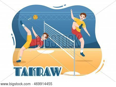 Sepak Takraw Illustration With Athlete Playing Kick Ball On Court In Flat Sports Game Competition Ca