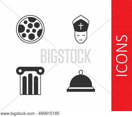 Set Covered With Tray Of Food, Pizza, Ancient Column And Pope Icon. Vector
