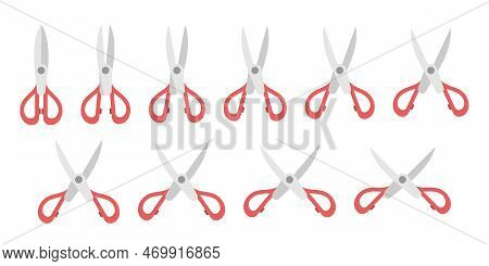 Scissors Set, Various Angles, Open And Closed, Isolated On White. Office Supply, Kitchen Utensil, Cr