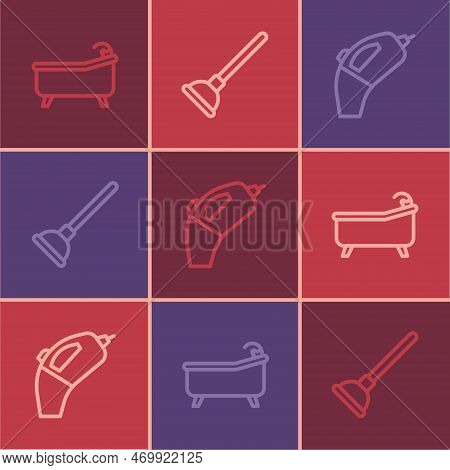 Set Line Bathtub, Portable Vacuum Cleaner And Rubber Plunger Icon. Vector