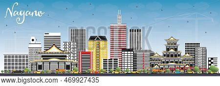 Nagano Japan City Skyline With Color Buildings And Blue Sky. Vector Illustration. Business Travel An