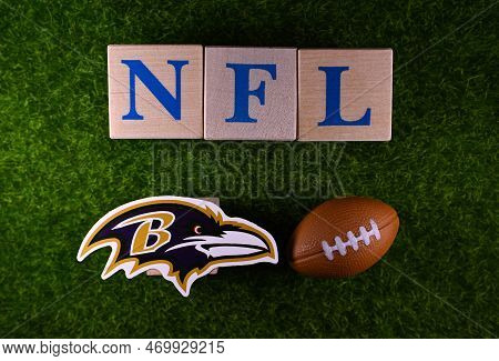 January 27, 2023, Canton, Usa. The Emblem Of The Baltimore Ravens Football Club On The Green Lawn Of