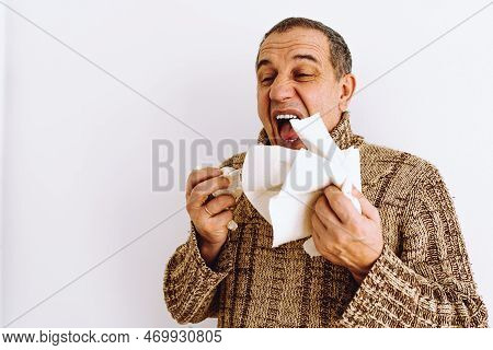 Middle-aged Man In Warm Sweater, Blows Nose Into Disposable Paper Napkin, Sneezes And Coughs, Is Sic