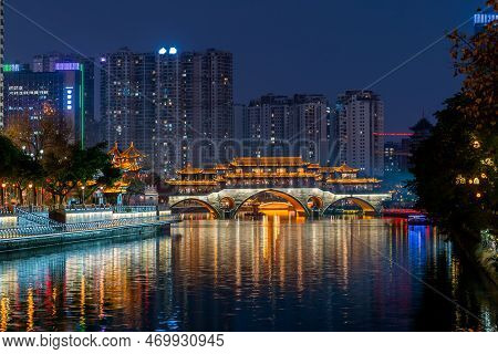 Chengdu Anshun Bridge And Jinjiang River At Night, Sichuan Province, China