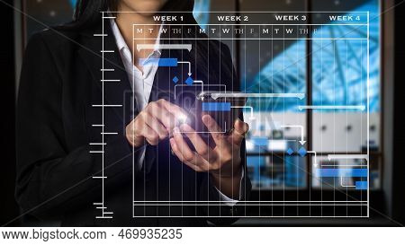 Project Manager Working And Update Tasks With Milestones Progress Planning And Gantt Chart Schedulin
