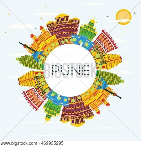 Pune India Skyline With Color Buildings, Blue Sky And Copy Space. Vector Illustration. Business Trav