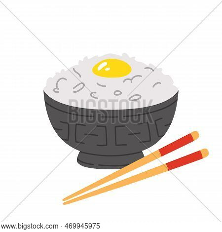 Vector Illustration Of Cute  Doodle Asian Food  Tamago Kake Gohan For Print ,design, Greeting Card,s