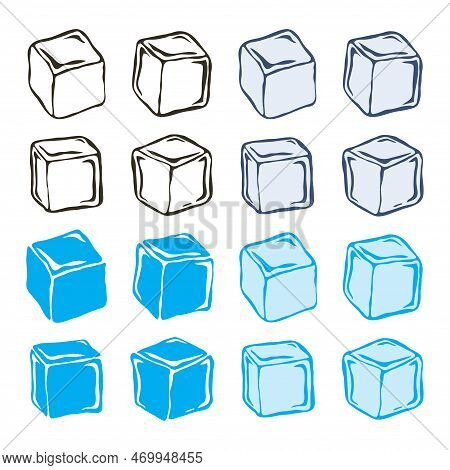 Vector Collection Of Blue And Black And White Ice Cubes Drawing. Transparent Ice Cube Chunks Isolate