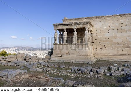 Erechtheion, Temple Of Athena Polias On Acropolis Of Athens, Greece. View Of The Porch Of The Maiden