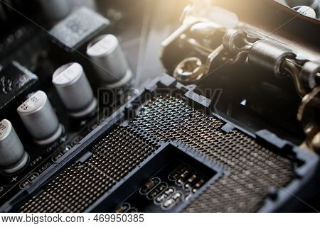 Close-up Of 1155 Computer Motherboard. Lga 1155 Socket For Processor Mount