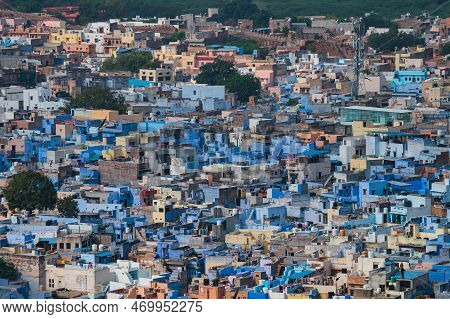 Beautiful Top View Of Jodhpur City From Mehrangarh Fort, Rajasthan, India. Jodhpur Is Called Blue Ci