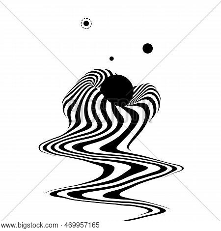 Hypnotic Optical Vector Illustration. Abstract Multidimensional Waves With Planets Around.