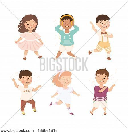 Energetic Children Dancing Moving To Music Rythm Vector Set