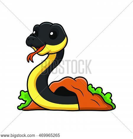 Vector Illustration Of Cute Yellow Bellied Sea Snake Cartoon Out From Hole