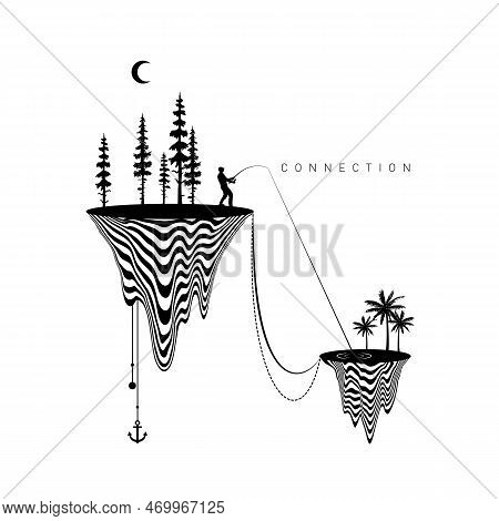 Hypnotic Optical Vector Illustration. Multidimensional Waves Forming Floating Islands, With Fisherma