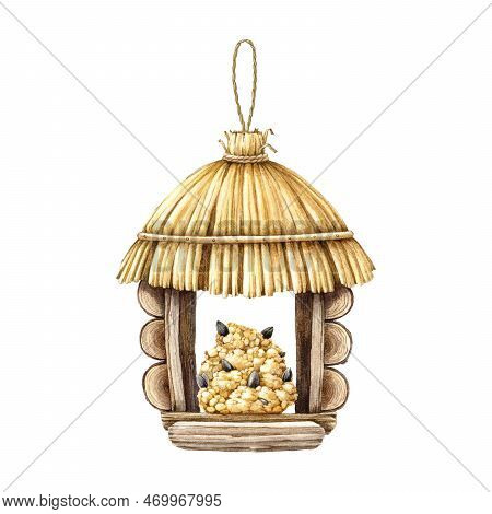 Bird Feeder Watercolor Illustration. Hand Drawn Vintage Style House For Feeding Birds. Cute Wooden B