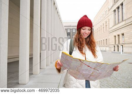 Redhead Girl, Tourist Explores City, Looks At Paper Map To Find Way For Historical Landmarks, Woman 