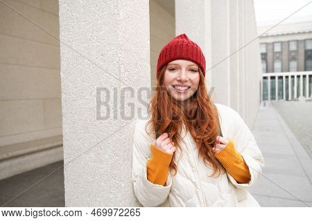 Happy Redhead Girl, Tourist Going Around Town, Exploring Sighsteeing Places In City, Backpacking Aro
