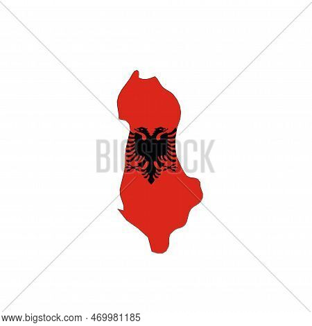 Albania - National Flag In A Shape Of Country Map Silhouette With Thin Black Outline. Simple Flat Ve